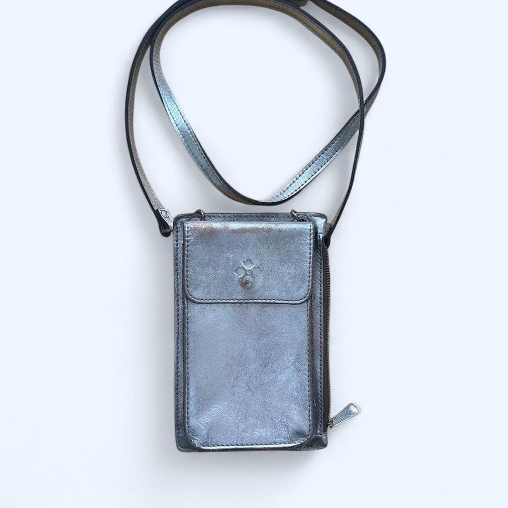 Silver leather crossbody phone bag with adjustable strap by Patricia Nash